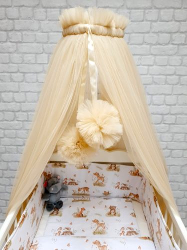 Virágos állatkák 4 részes babaágynemű szett bézs tüll függönnyel (704)