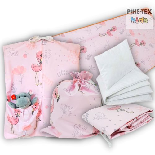 Flamingó, rózsa, 5 részes ovis kezdőcsomag (571/R) (2 részes fehér, ovis huzat, ovis zsák, tornazsák, óvodai derékalj) + ajándék ovis törölköző