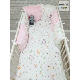   Mesés erdei állatkák, rózsa minky 3 részes babaágynemű szett fejvédőpárnákkal (614/M-R)